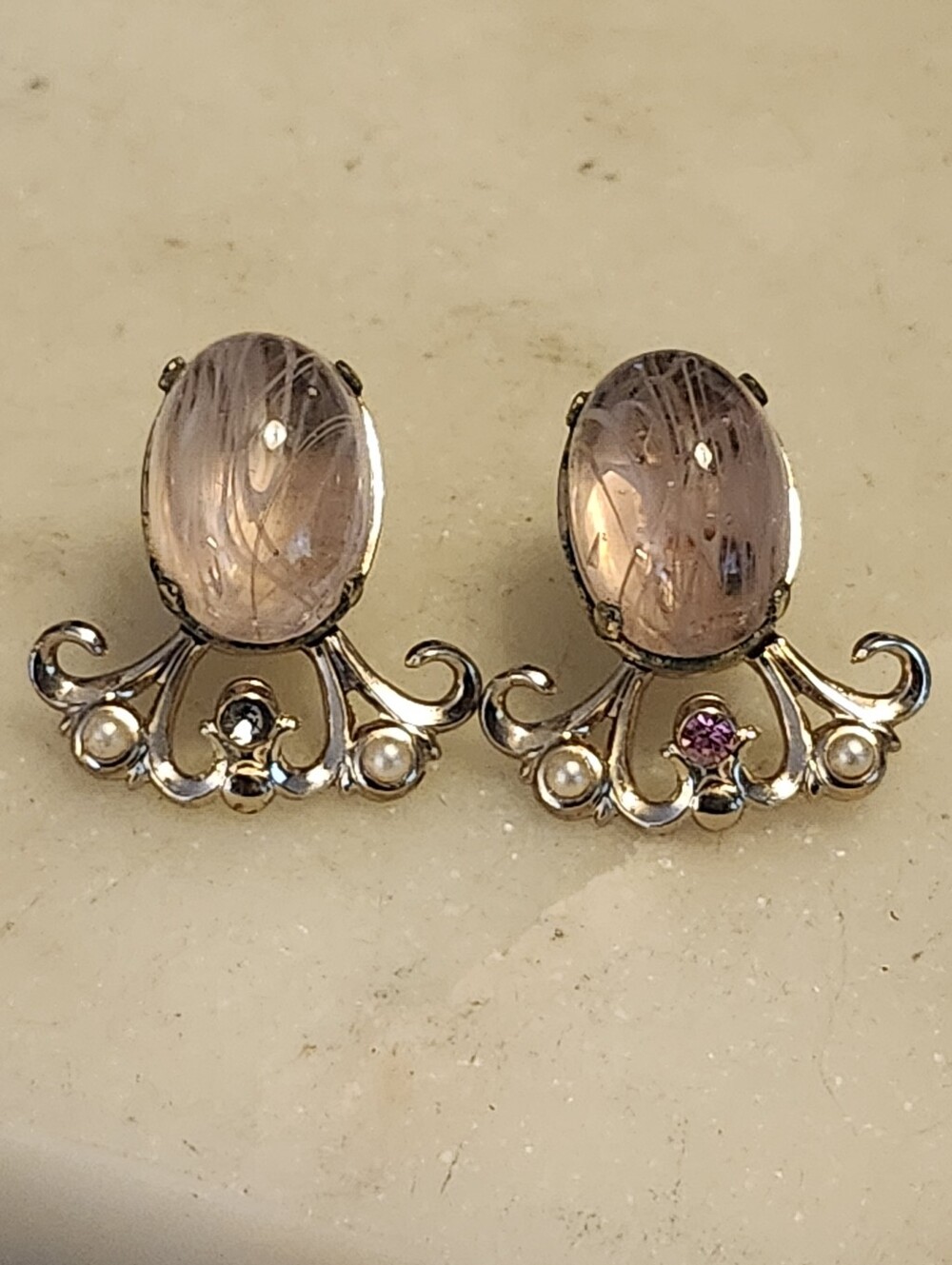 Coro Vintage Pink Glass Cabochon Silver Tone Screw Back Earrings